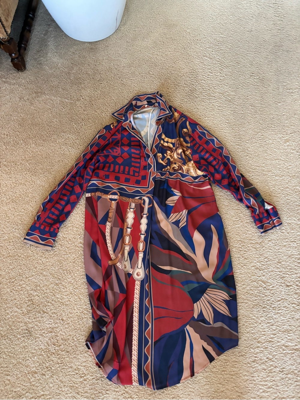 Vibrant Geometric & Chain Print Long Button Dress